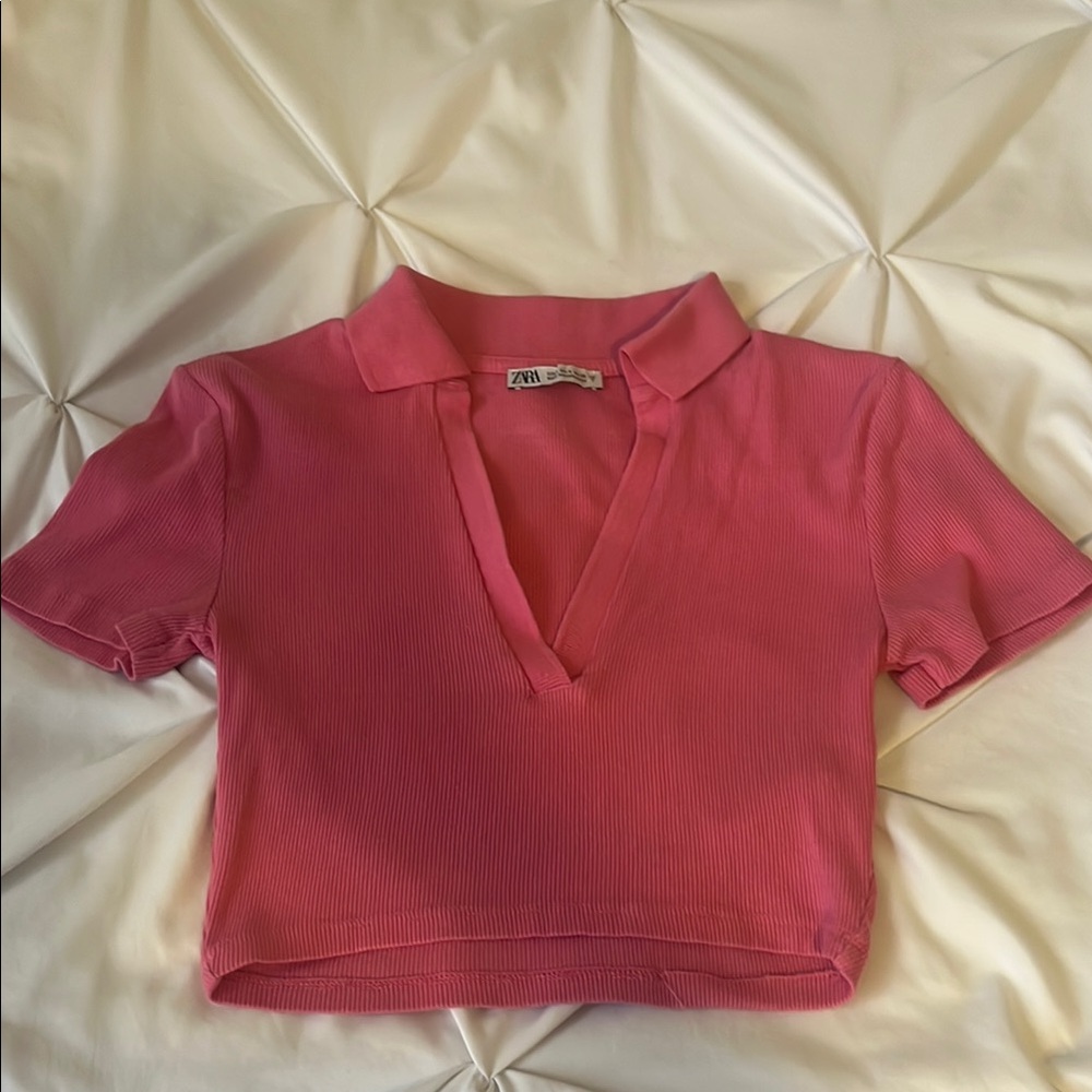 Zara Pink Fitted Polo Crop Top